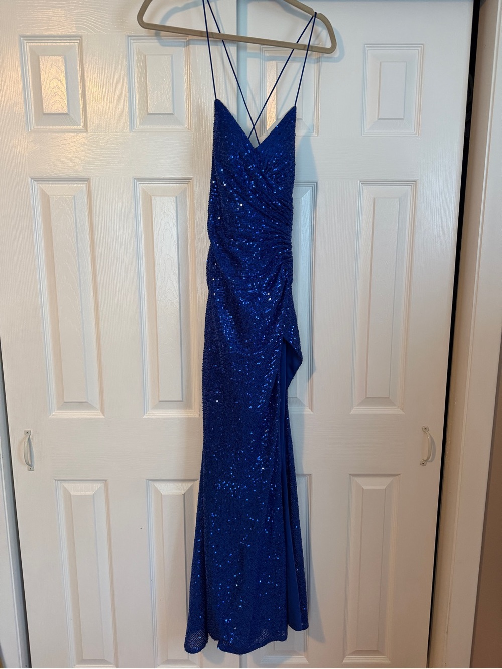 Sparkling Cobalt Blue Sequin Spaghetti-Strap Prom Dress
